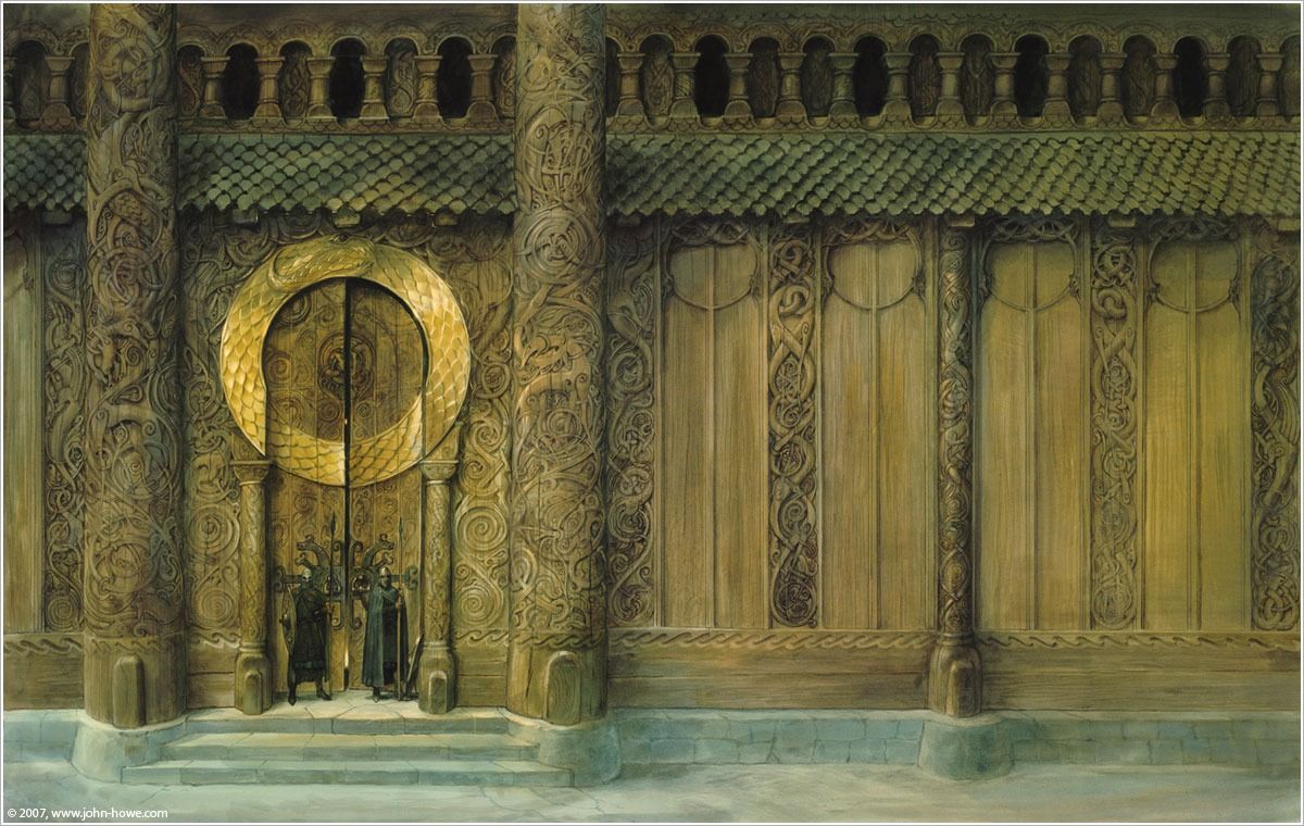 Highly decorated Anglo-Saxon hall entrance from Tolkien-inspired artwork