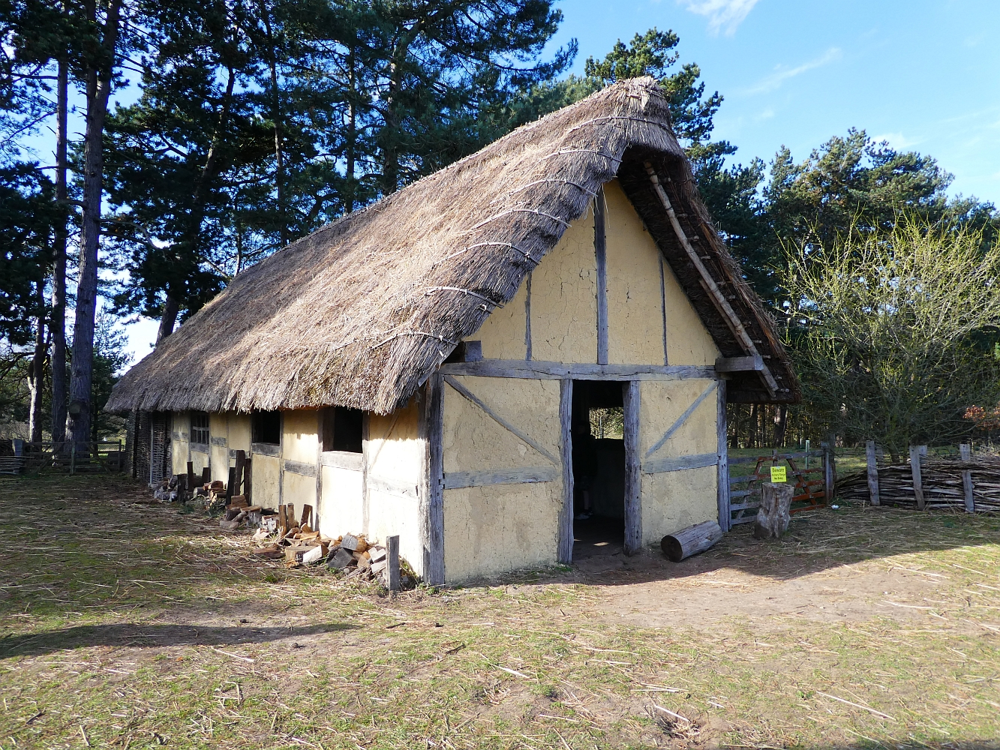 Reconstructed Anglo-Saxon dwelling showing wattle and daub construction