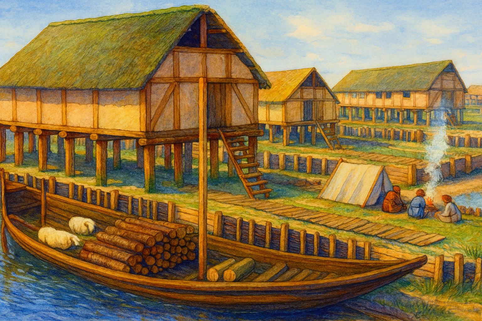Artistic reconstruction of Dorestad showing stilt houses and jetties