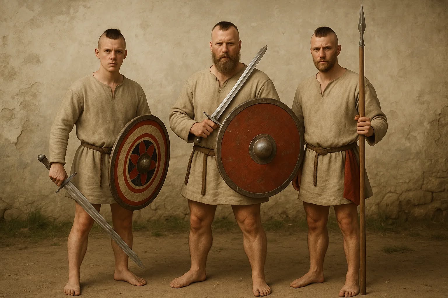 Early medieval Frisian warriors with traditional weapons and shields