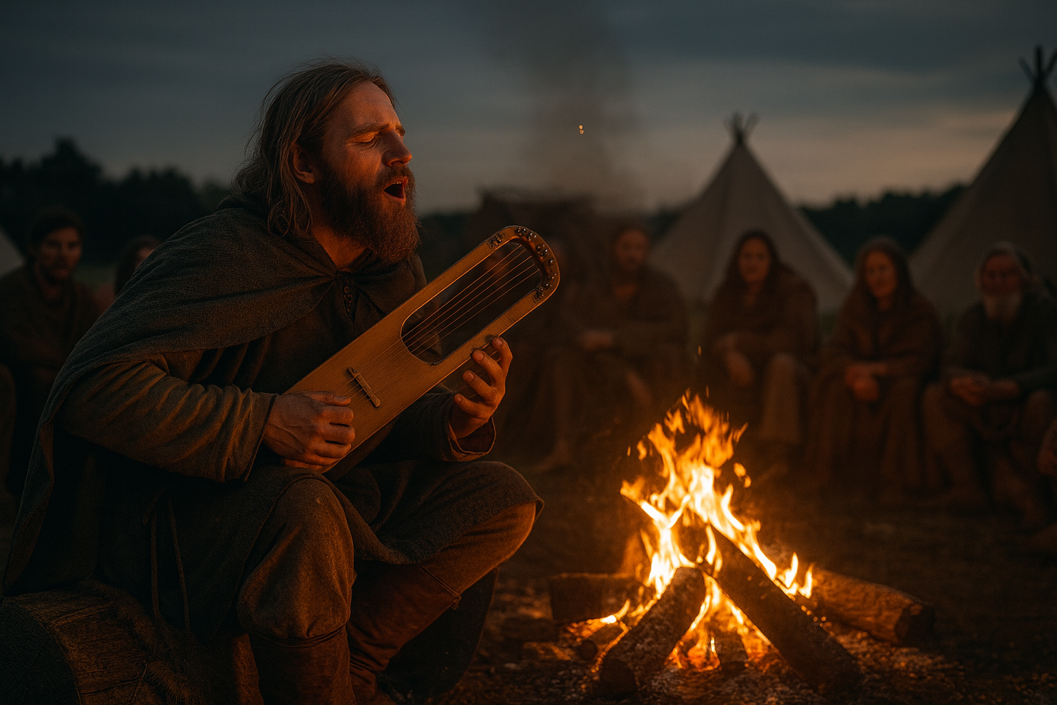 Medieval scop performing with lyre around campfire