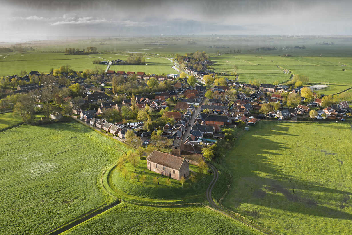 Aerial view of Ezinge, a small village near Groningen, the Netherlands