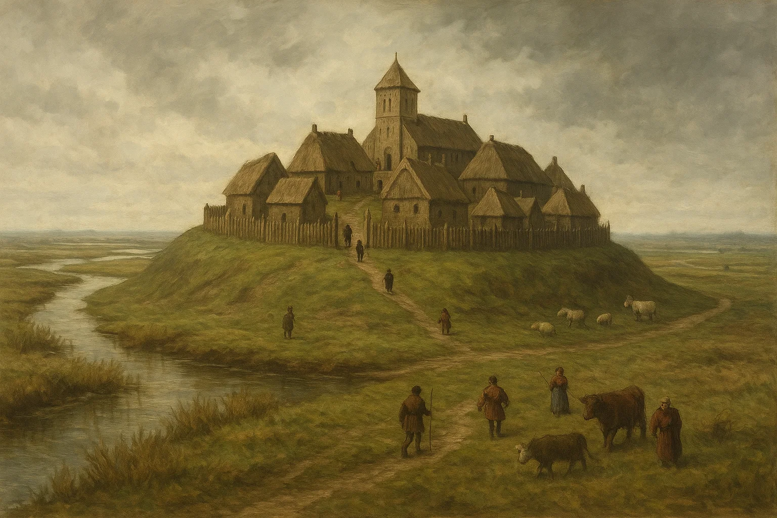 Historical painting of a medieval terp settlement with church and surrounding houses