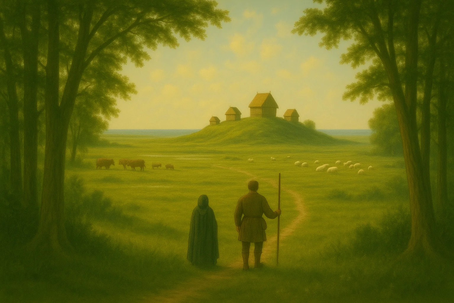 Early medieval Frisian settlement on a terp mound with pastoral landscape