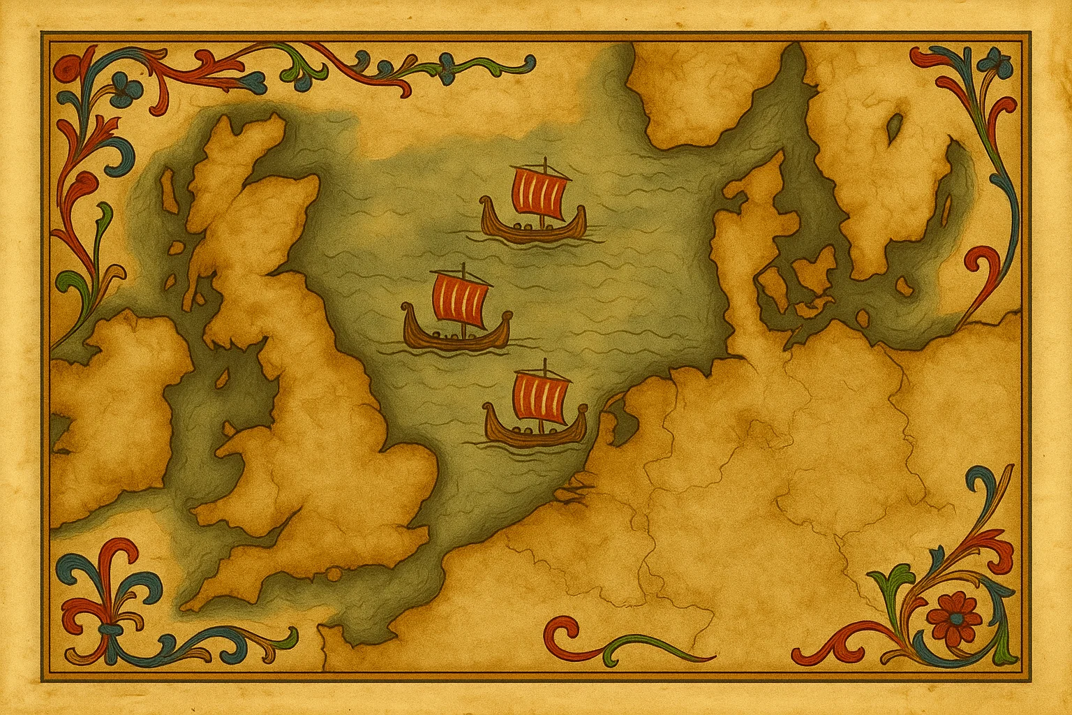 Medieval illuminated map showing North Sea crossing routes with Anglo-Saxon longships