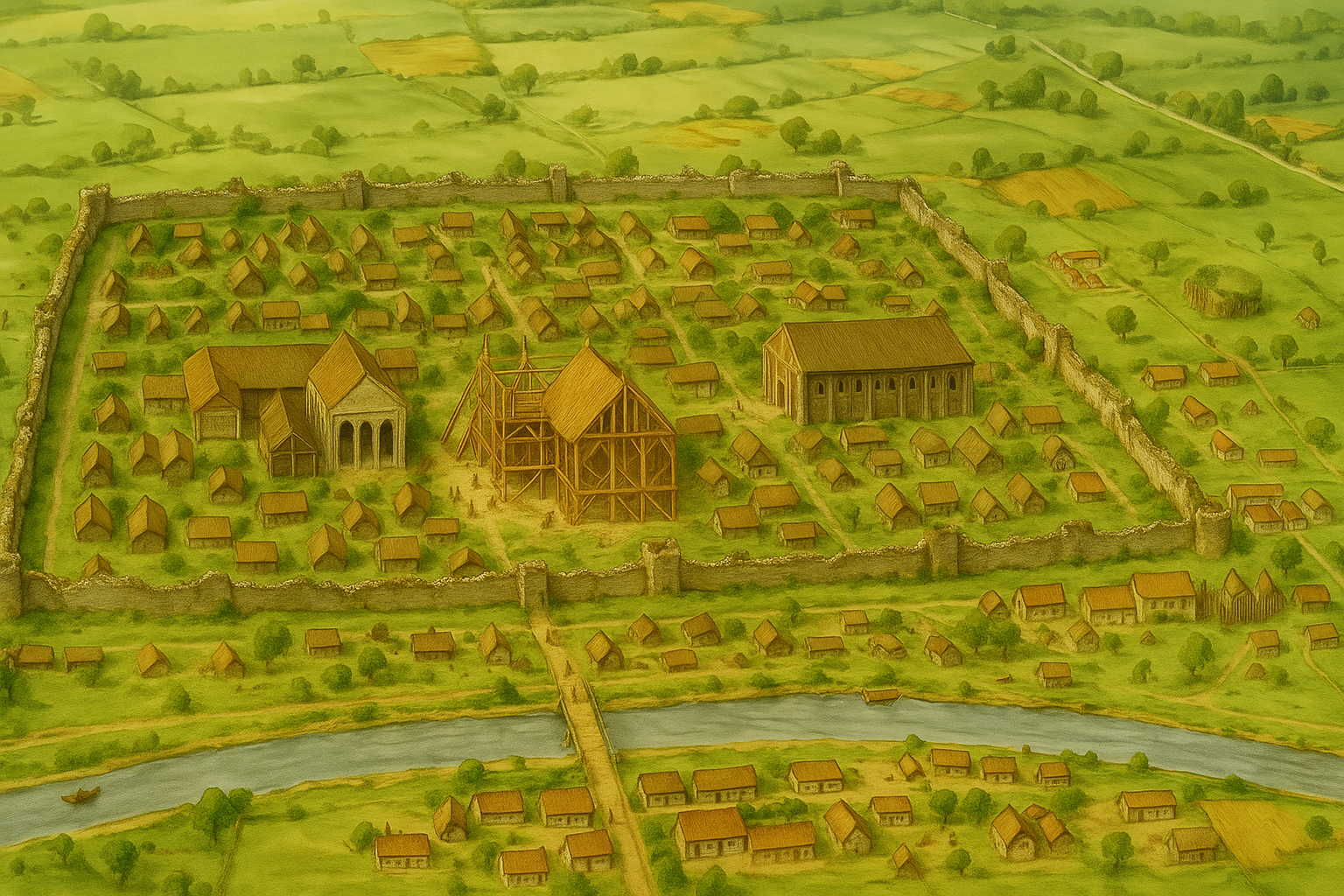 Aerial view reconstruction of early medieval York showing the fortified settlement and river
