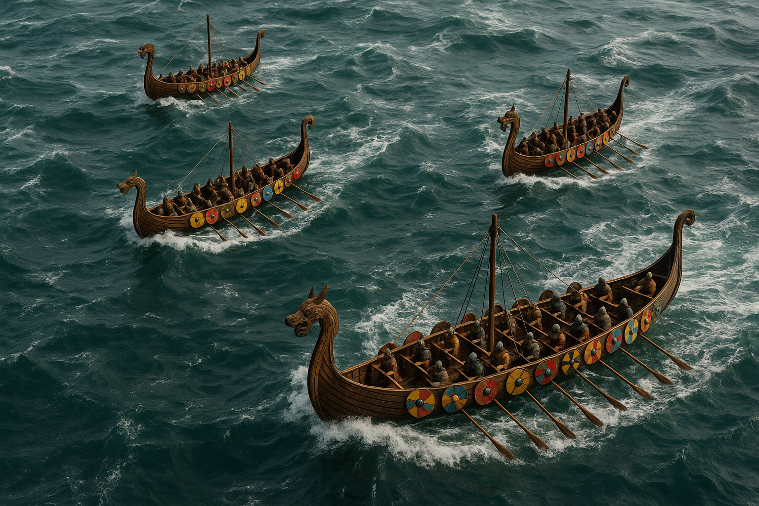 Longships with colorful shields rowing across the stormy North Sea during Anglo-Frisian migrations