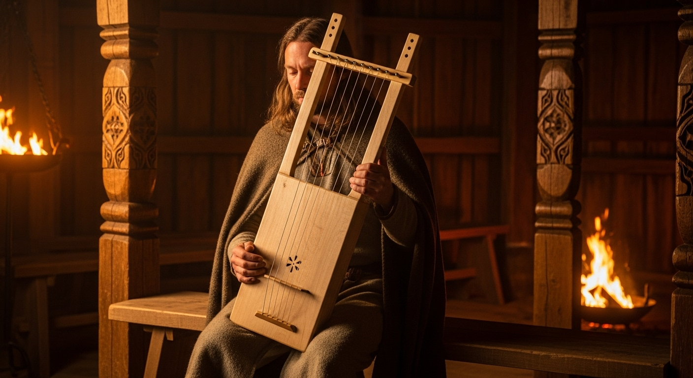 Anglo-Saxon scop performing poetry with historically accurate rectangular lyre based on Sutton Hoo archaeological evidence
