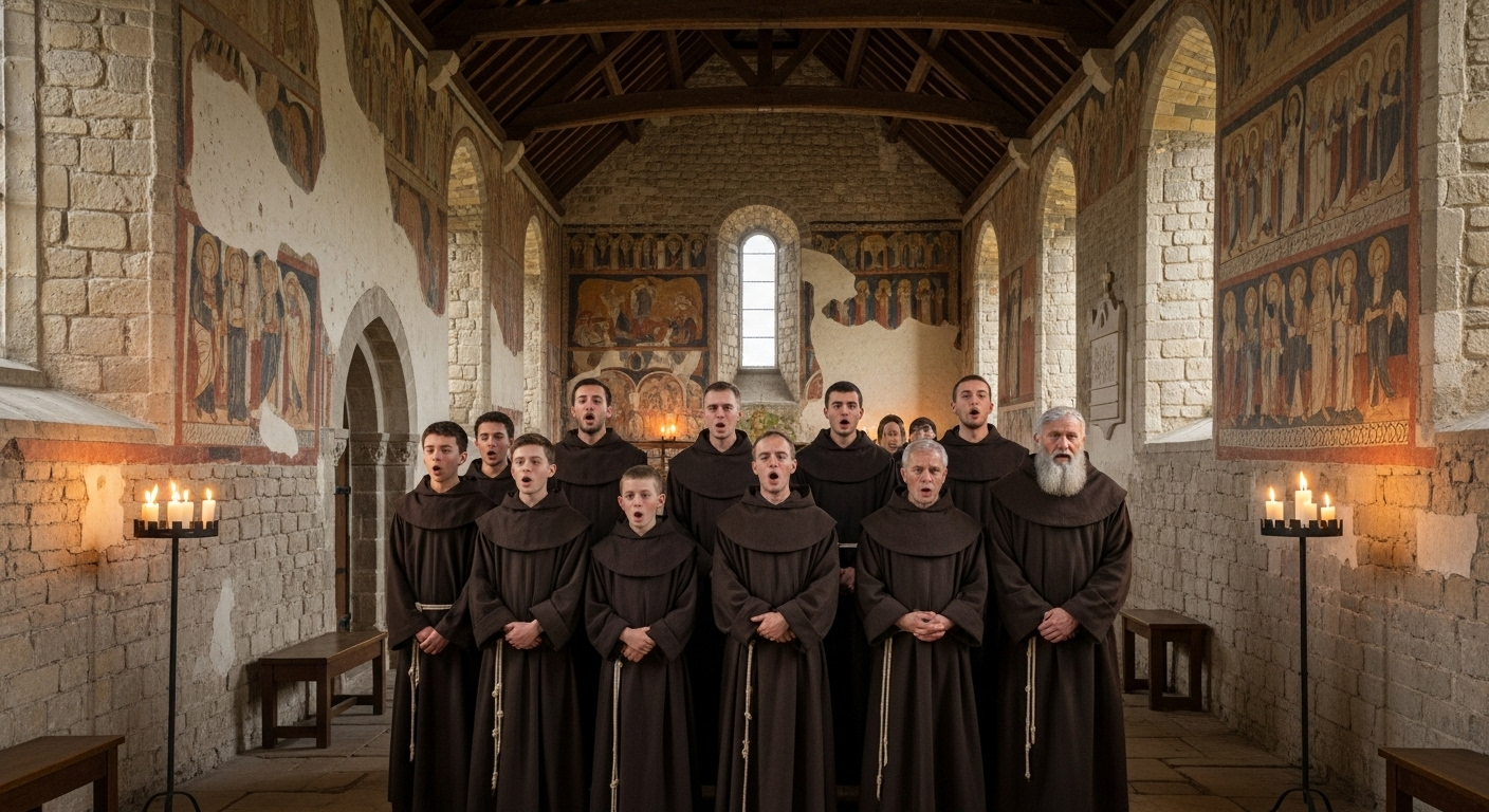Group of Benedictine monks of varied ages chanting from memory in the original Anglo-Saxon Winchester Cathedral circa AD 1000, showing wooden roof beams and faded wall frescos