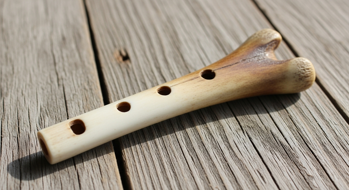 Simple bone whistle on wooden rustic table surface