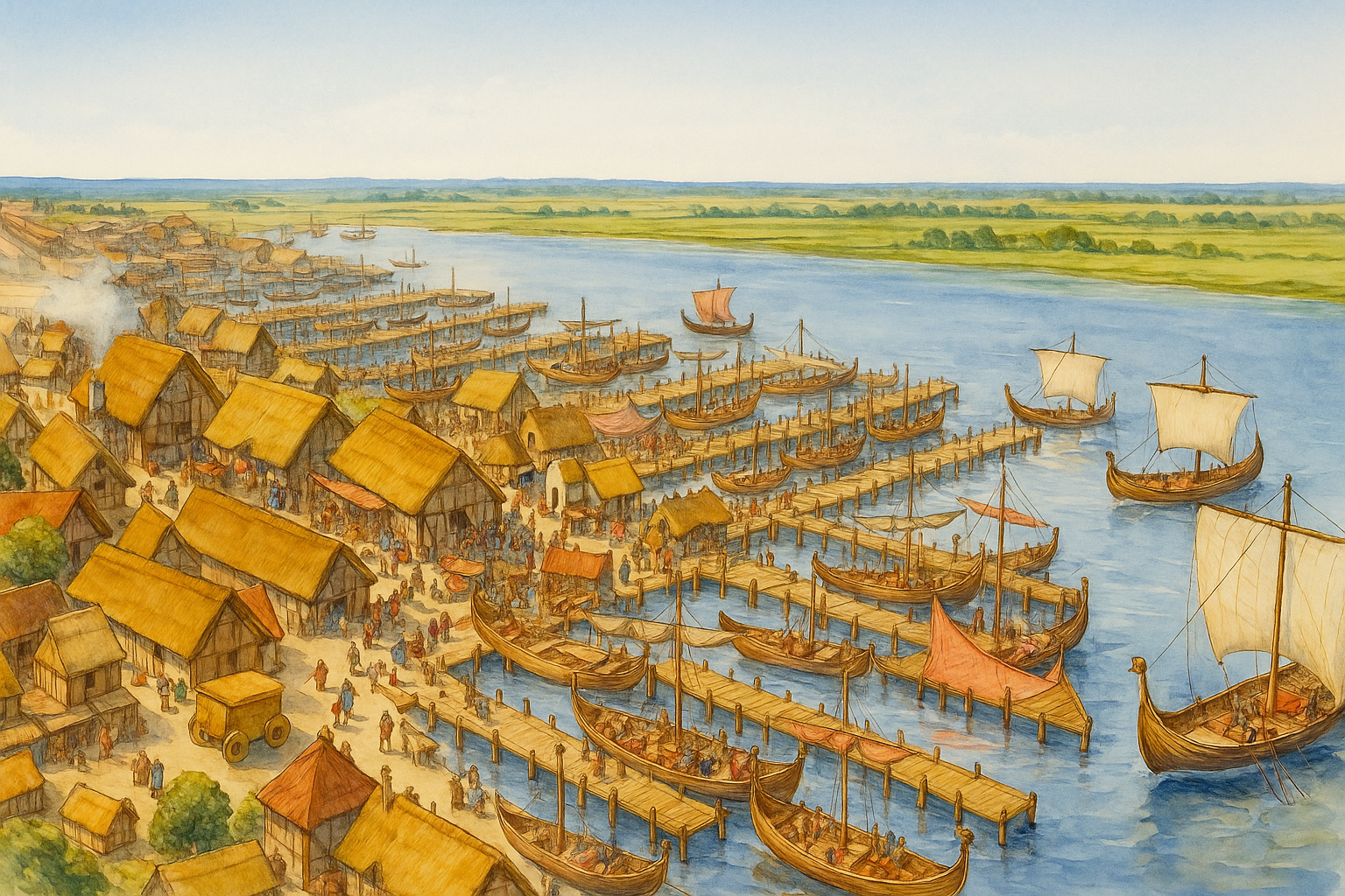 Medieval trading port with ships and merchants